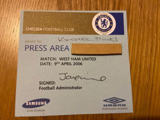 9/4/2006.  Chelsea V West Ham Utd Rare Press Match Ticket/card.  Unfolded.