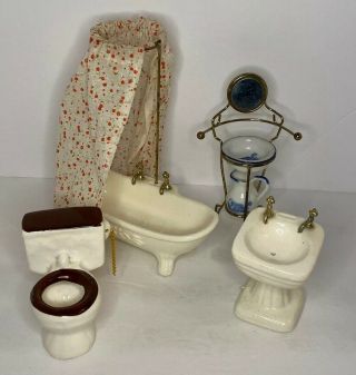 Vintage Doll House Furniture White Porcelain Toy Bathroom Bathtub Sink Toilet