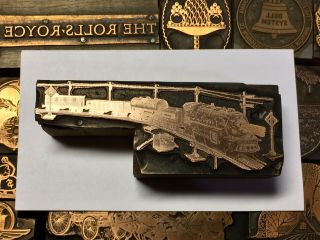 Large Antique Vtg Wood & Metal Train Letterpress Print Type Cut Ornament Block