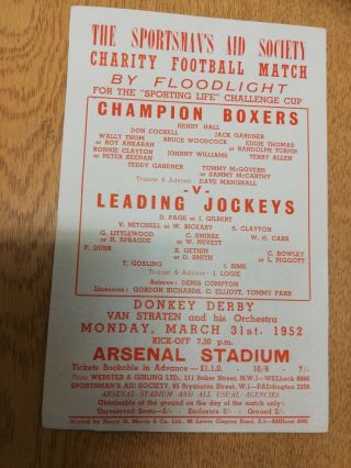 Rare 1952 Champion Boxers V Leading Jockeys S/sheet Match Programme From Arsenal