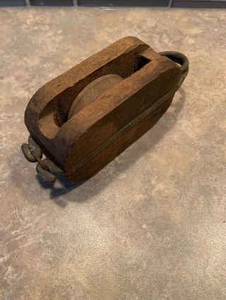 Antique - Vintage Wood And Metal Wooden Block Pulley