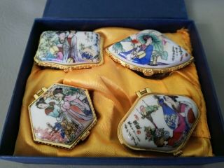 Antique Hand Painted Asian Porcelain Trinket Snuff Pill Box Set Signed