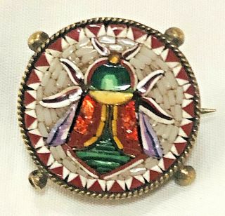 Rare Vintage Micro - Mosaic Brooch Or Pin With Beetle Scarab Iridescent Wings