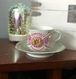 Vintage Moustache Tea Cup And Saucer With Gold Flower And Green Saucer