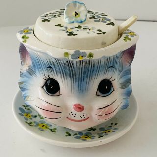 Rare Vintage Lefton Miss Priss Cat Jam Jelly Jar W/ Attached Plate - 1515 Excell