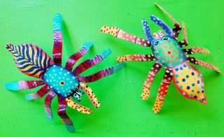 Vintage 60s 70s Colorful Metal Mexican Folk Art Spider Wall Hanging Sculpture