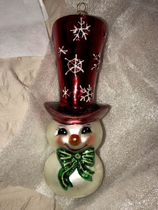 Rare Christopher Radko Glass Ornament Red Frosty Top Hat Snowman W Snowflakes 7”