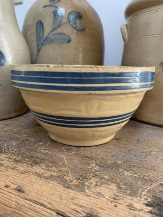 Antique Primitive Yellow Ware Bowl W/dark Blue Stripes & Window Pane Design