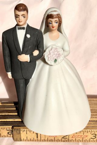 Vintage Bride And Groom Wedding Cake Topper Bell Lefton Hand Painted Bisque 4”
