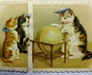 Antique Victorian Christmas Card Embossed Standing Cats With School World Globe
