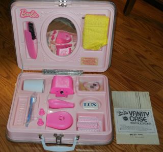 Vintage Barbie Vanity Hard Case 1973 Mattel Pink Curlers Hair Dryer