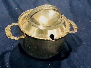 Victorian Era Plated Little Mustard Or Jam Pot,  Handled Cutout Lid For Spoon
