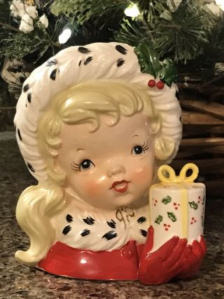 Vintage 1956 Napco Christmas Girl W/ Gift Head Vase Cx2348b Rare Darling