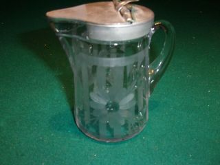 Antique Etched Glass Syrup Pitcher With Metal Lid,  Elegant