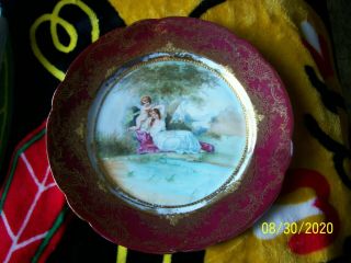 Antique Royal Saxe Germany Porcelain Plate Roses Cherub Reclining Semi Nude Lady