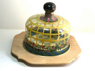 Mackenzie Childs Hand Painted Wood Charger Glass Dome Cake/cheese Server Rare