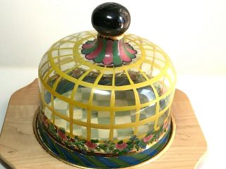 Mackenzie Childs Hand Painted Wood Charger Glass Dome Cake/Cheese server RARE 3