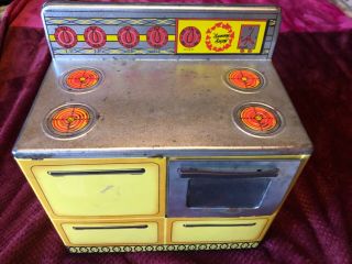 Antique Vintage Tin Kitchen Toy Wolverine Sunny Suzy Doll Oven Stove Yellow
