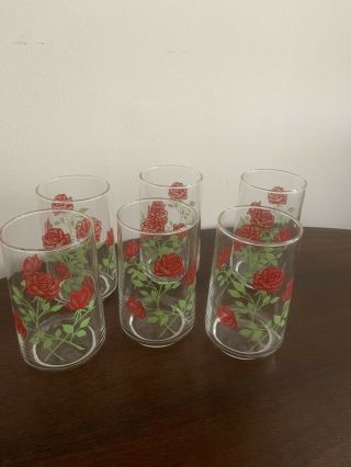 6 Vintage Red Rose Drinking Glasses Look