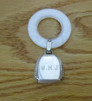 Vintage Webster Sterling Silver Mother Pearl Baby Teething Ring Mono Wmj