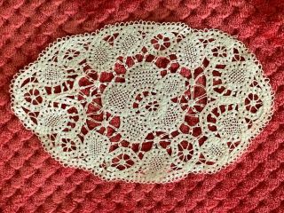 Antique French Handmade Lace Doily - 22cm By 13.  5cm