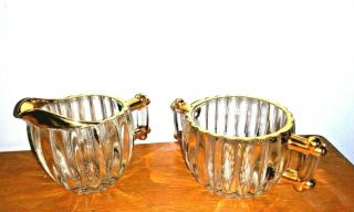 Vintage Sugar And Creamer Set Gold Trim Clear Glass Ribbed Pattern Very Pretty