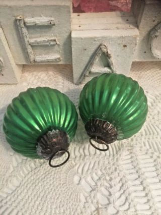 2 Vintage Antique Green Ribbed Glass Christmas Ornaments Kugel Style 3 "