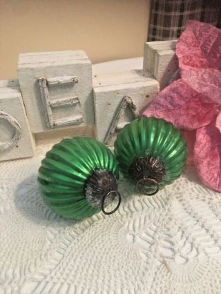 2 Vintage Antique Green Ribbed Glass Christmas Ornaments Kugel Style 3 