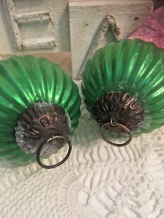 2 Vintage Antique Green Ribbed Glass Christmas Ornaments Kugel Style 3 