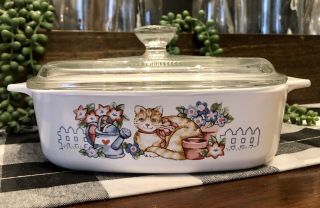 Htf Rare Vintage Corning Ware Garden Cat Casserole Dish W/ Pyrex Lid
