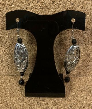 Vintage Silver Tone Black Ball Beaded Dangle Pierced Earrings Jewelry