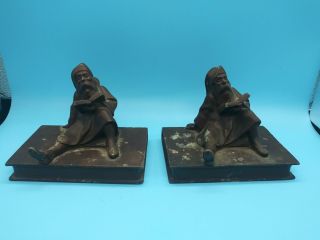 Rare Pair Antique Cast Metal Old Man Sitting And Reading Bookends Heavy