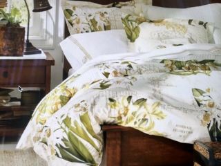 Pottery Barn Orchid Botanical Floral Queen Duvet Cover French Country Rare Green