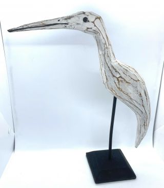 Vintage Antique Folk Art Rustic White Carved Wood Shorebird Bird Decoy Stork
