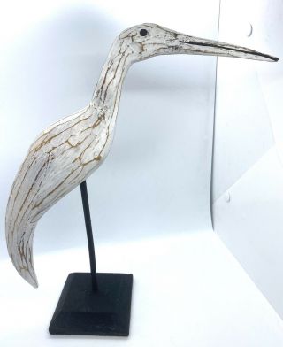 Vintage Antique Folk Art Rustic White Carved Wood Shorebird Bird Decoy Stork 2