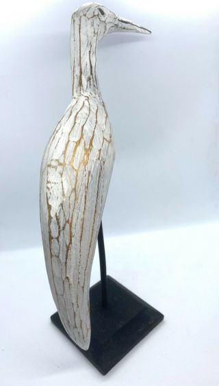 Vintage Antique Folk Art Rustic White Carved Wood Shorebird Bird Decoy Stork 3
