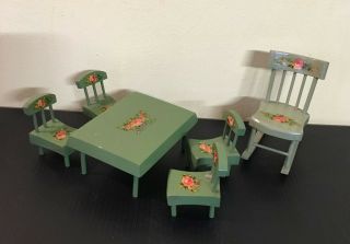 Vintage Wooden Dollhouse Furniture Table,  4 Chairs,  Rocking Chair,  Green & Roses
