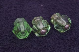 3 Pretty Vintage Green Depression Glass Drawer Cabinet Knobs Pulls