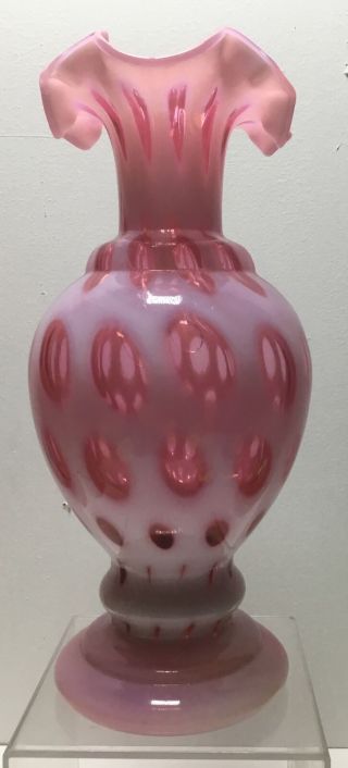 RARE Vintage FENTON Pink CRANBERRY Art Glass Coin Dot Pitcher Ewer Ruffle Edge 2