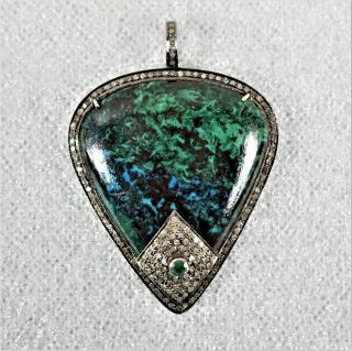 Rare Vintage Art Deco Chrysocolla With Diamond Chips & Emerald Pendant