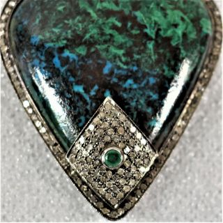 Rare Vintage Art Deco Chrysocolla with Diamond Chips & Emerald Pendant 3