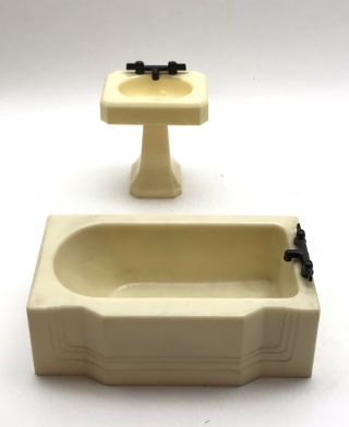 Vintage Renwal Bathroom Tub T95 & Sink T96 Plastic Dollhouse Furniture