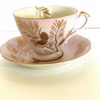 Vtg Japan Teacup And Saucer Pink With Handpainted Pine Cone/needles Princess