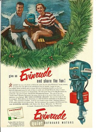 Vintage 1953 Evinrude Outboard Motors Christmas Color Ad: Fleetwin 7.  5 Hp