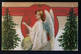 Angel With Trees Antique Happy Christmas Postcard - C135