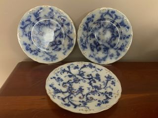 Three Antique Flow Blue Ironstone Plates - Gainsborough - Ridgway