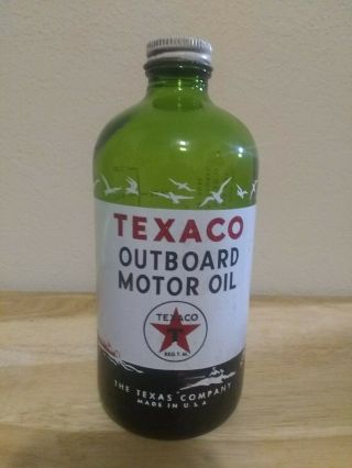 Vintage Texaco Outboard Motor Oil 1 Pint Green Glass Bottle 1940 