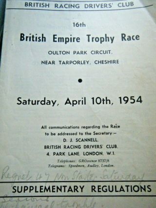 Oulton Park British Empire Trophy Race 1954 Regulations Programme Brdc Rare