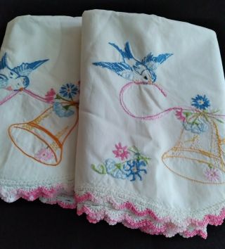 Antique Handmade Crocheted Embroidery Wedding Bells Pillow Case Set