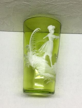 Antique Mary Gregory Green Glass Tumbler - Girl In Garden,  Hand Painted,  4”